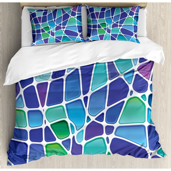 Fractal Duvet Cover Set, Ceramic Mosaic Style Forms Trippy Abstract Vivid Display, Decorative 3 Piece Bedding Set with 2 Pillow Shams, Queen Size, Jade Green Royal Blue, by Ambesonne