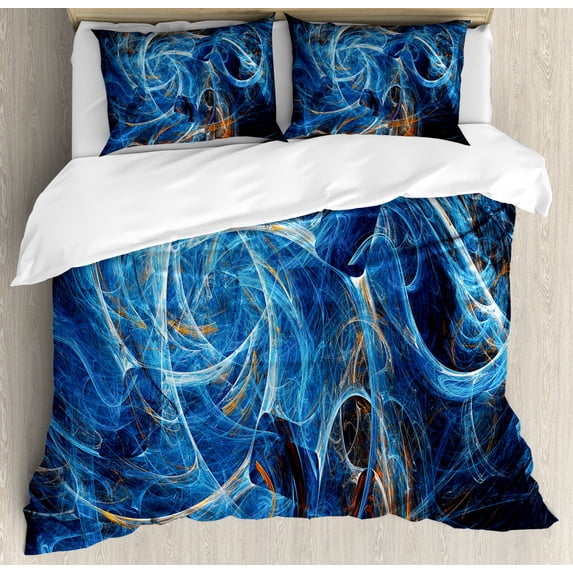 Fractal Duvet Cover Set, Chaos Curves Hollow Science Fiction Style Space Wind Abstract Digital Art, Decorative 3 Piece Bedding Set with 2 Pillow Shams, King Size, Blue Orange, by Ambesonne