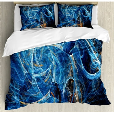 Fractal Duvet Cover Set, Chaos Curves Hollow Science Fiction Style Space Wind Abstract Digital Art, Decorative 3 Piece Bedding Set with 2 Pillow Shams, Queen Size, Blue Orange, by Ambesonne