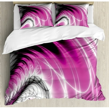 Fractal Duvet Cover Set, Digital Energy Flows Inspired Artisan Fantasy Shapes Computer Print, Decorative 3 Piece Bedding Set with 2 Pillow Shams, Queen Size, Magenta Black, by Ambesonne