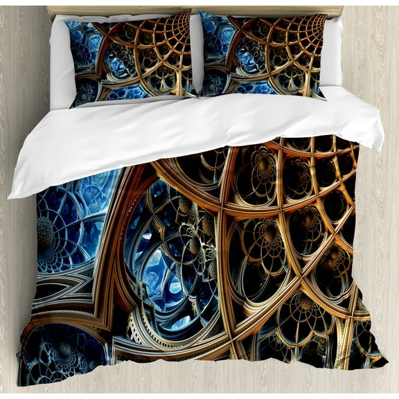 Fractal Duvet Cover Set, Dimensional Stripes Pattern with Retro Baroque Influences Robotic Design, Decorative 3 Piece Bedding Set with 2 Pillow Shams, Calking Size, Brown Blue, by Ambesonne