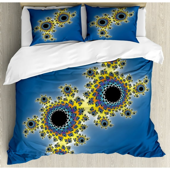 Fractal Duvet Cover Set, Floral Spiral Unusual Contemporary Pattern with Rotary Display, Decorative 3 Piece Bedding Set with 2 Pillow Shams, Queen Size, Yellow Violet Blue, by Ambesonne