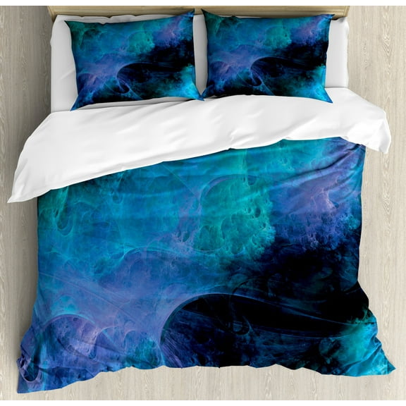 Fractal Duvet Cover Set King Size, Surreal Hazy Color Tone Effects Featured Blurred Dark Fantasy Cyberspace Plasma Theme, Decorative 3 Piece Bedding Set with 2 Pillow Shams, Blue, by Ambesonne