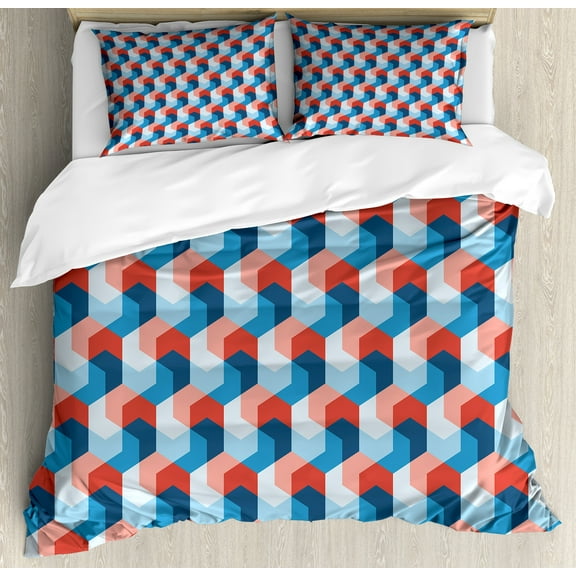 Fractal Duvet Cover Set, Mosaic Style Hexagonal Mirroring Geometrical Shape Creative Trippy Pattern Design, Decorative 3 Piece Bedding Set with 2 Pillow Shams, Calking Size, Blue Red, by Ambesonne