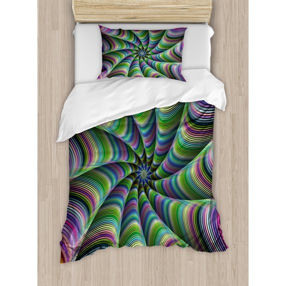 Fractal Duvet Cover Set, Psychedelic Tentacles Converging into Flower Form Infinity Spinning Focus Design, Decorative 2 Piece Bedding Set with 1 Pillow Shams, Twin Size, Green Purple, by Ambesonne