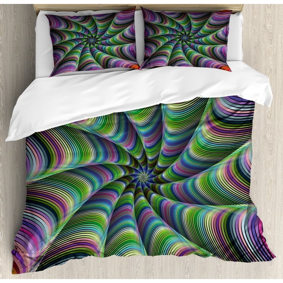 Fractal Duvet Cover Set, Psychedelic Tentacles Converging into Flower Form Infinity Spinning Focus Design, Decorative 3 Piece Bedding Set with 2 Pillow Shams, King Size, Green Purple, by Ambesonne