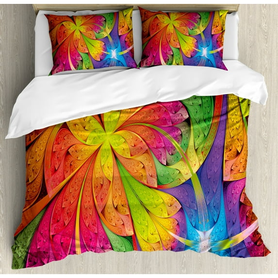 Fractal Duvet Cover Set Queen Size, Vibrant Rainbow Colored Floral Pattern with Vivid Contrast Curved Leaves Artisan Print, Decorative 3 Piece Bedding Set with 2 Pillow Shams, Multi, by Ambesonne