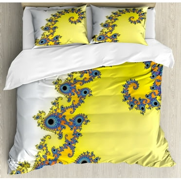 Fractal Duvet Cover Set, Trippy Seahorse Pattern with Vortex Turning Swirled Petals Fantasy New Image, Decorative 3 Piece Bedding Set with 2 Pillow Shams, Queen Size, Earth Yellow Blue, by Ambesonne