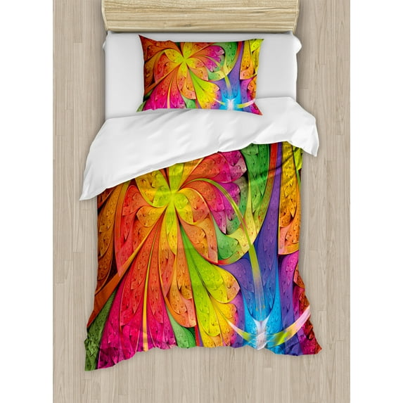 Fractal Duvet Cover Set Twin Size, Vibrant Rainbow Colored Floral Pattern with Vivid Contrast Curved Leaves Artisan Print, Decorative 2 Piece Bedding Set with 1 Pillow Sham, Multi, by Ambesonne