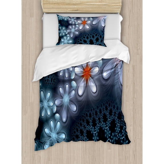 Fractal Duvet Cover Set, Vibrant Flower Pattern Computer Art Featured Futuristic Ornate Petals Graphic, Decorative 2 Piece Bedding Set with 1 Pillow Shams, Twin Size, Blue Purple, by Ambesonne
