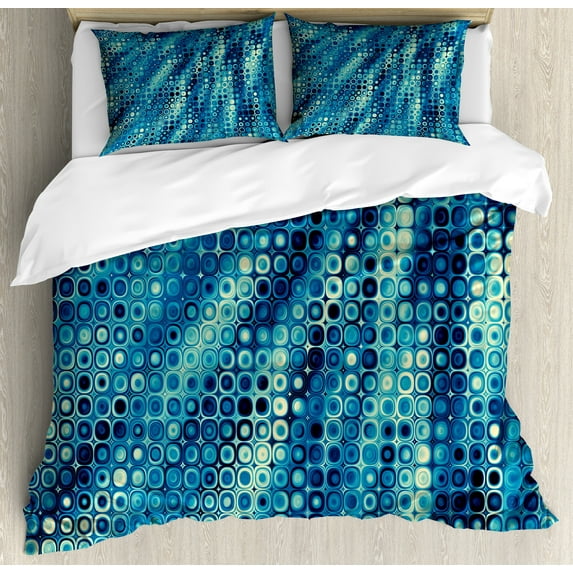 Fractal Duvet Cover Set, Vintage Mosaic Style Little Geometric Circles on Flat Background with Art, Decorative 3 Piece Bedding Set with 2 Pillow Shams, King Size, Petrol Blue, by Ambesonne