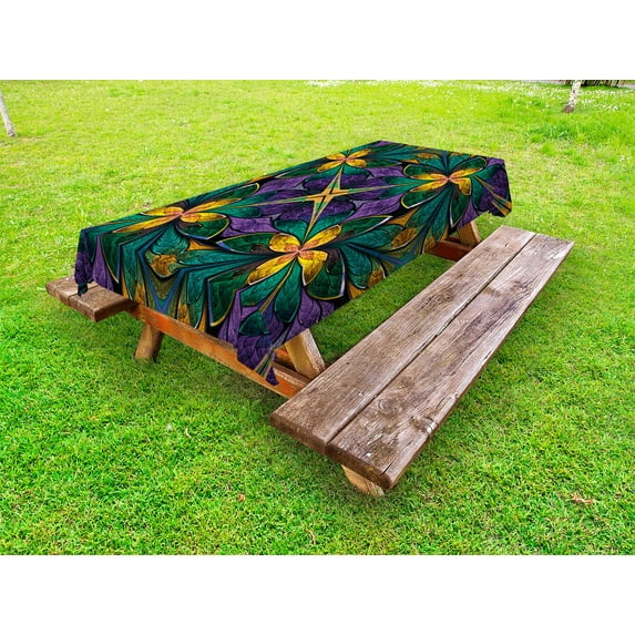 Fractal Outdoor Tablecloth, Antique Ornate Symmetric Stained Glass Mosaic Window Style Floral Tile Pattern, Decorative Washable Fabric Picnic Tablecloth, 58 X 120 Inches, Green Purple, by Ambesonne