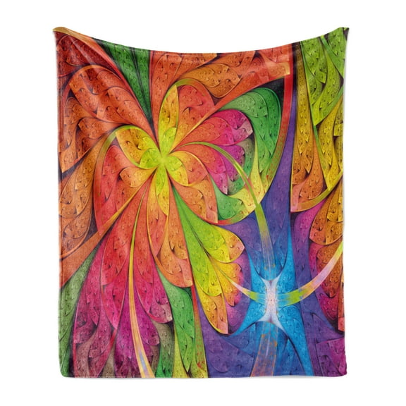 Fractal Soft Flannel Fleece Blanket, Vibrant Rainbow Colored Floral Pattern Vivid Contrast Curved Leaves Artisan Print, Cozy Plush for Indoor and Outdoor Use, 70" x 90", Multicolor, by Ambesonne