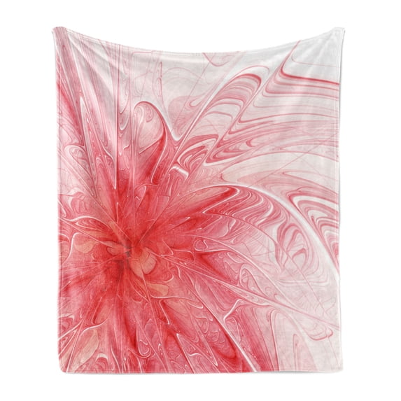 Fractal Soft Flannel Fleece Throw Blanket, Abstract Background with Floral Detail and a Splash of Colored Paint Artwork, Cozy Plush for Indoor and Outdoor Use, 50" x 60", Red and White, by Ambesonne