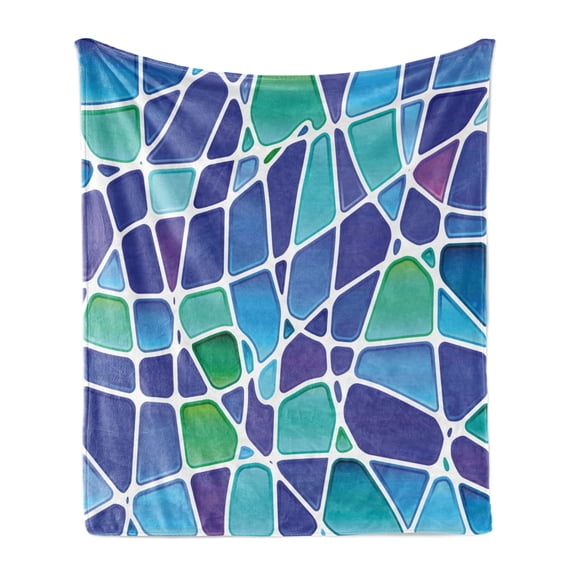 Fractal Soft Flannel Fleece Throw Blanket, Ceramic Mosaic Style Forms Trippy Abstract Vivid Display, Cozy Plush for Indoor and Outdoor Use, 50" x 70", Jade Green Royal Blue, by Ambesonne