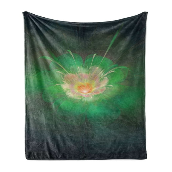 Fractal Soft Flannel Fleece Throw Blanket, Digital Abstract Floral Pattern in Tones Flower Blooms Illustration Image, Cozy Plush for Indoor and Outdoor Use, 50" x 60", Hunter Green, by Ambesonne
