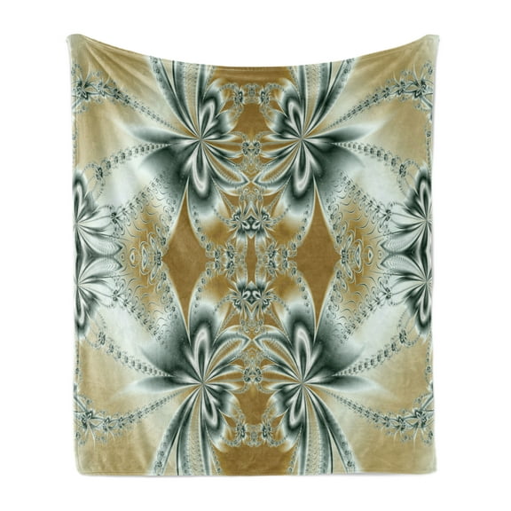Fractal Soft Flannel Fleece Throw Blanket, Floral Pattern with Abstract Design Mosaic Form, Cozy Plush for Indoor and Outdoor Use, 70" x 90", White Brown, by Ambesonne