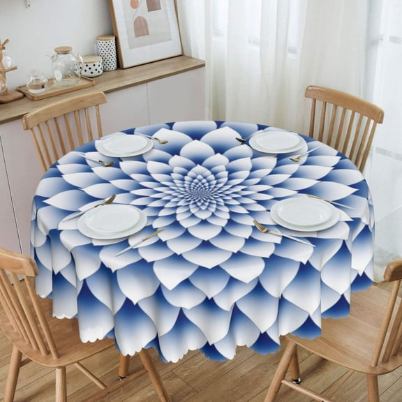 Fractal White Lotus Flower Mandala On Blue Background Round Tablecloth Waterproof Oil-Proof Plastic Table Cloth Stain-Resistant Wipeable 60" for Camping, Dining, Indoor and Outdoor