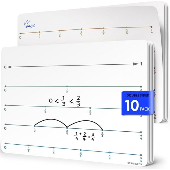 Scribbledo Fraction Dry Erase Sheets, Number Line Math Manipulatives, 9” x 12”, 10-Pack