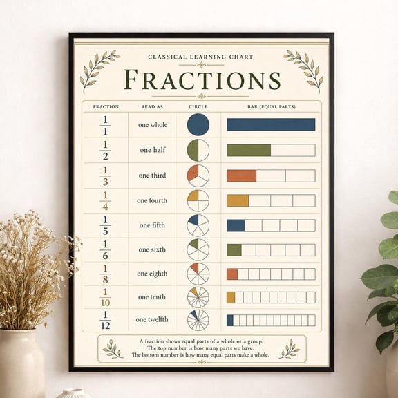 Fractions Chart Classroom Wall Art Print, Unframed Paper Poster 8x10in