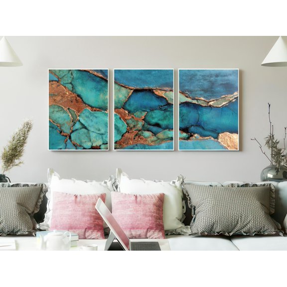 Fractured Line Turquoise And Copper Triptych Stone Texture Modern Geological Gallery Set For Decorative Wall Art Poster, , Poster Only