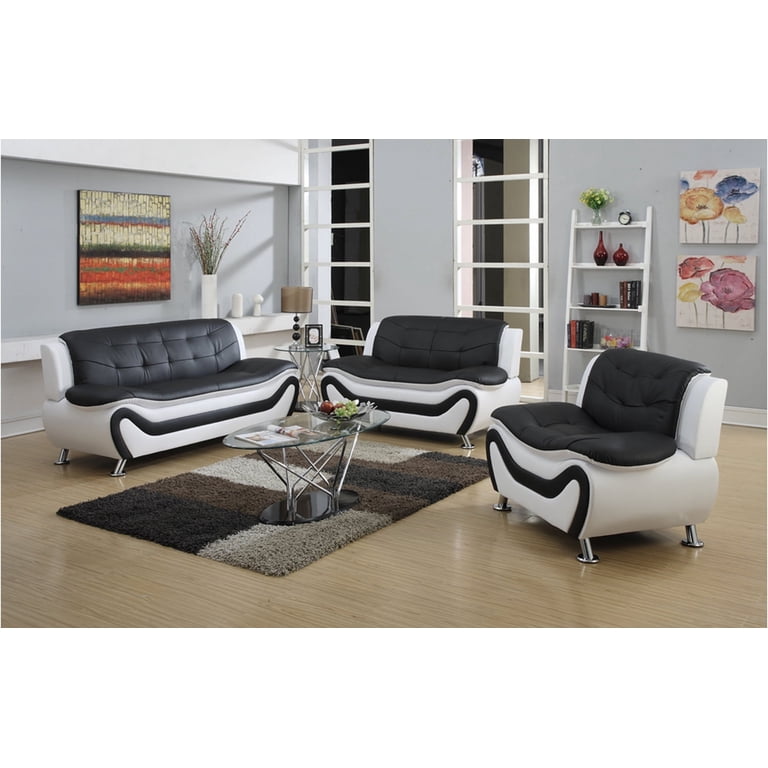 Black White Modern 3 Piece Leather Sofa Set | Baci Living Room