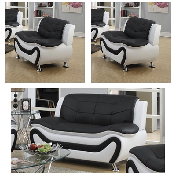 Frady Black and White Faux Leather Modern Living Room Loveseat and 2-Chair Set