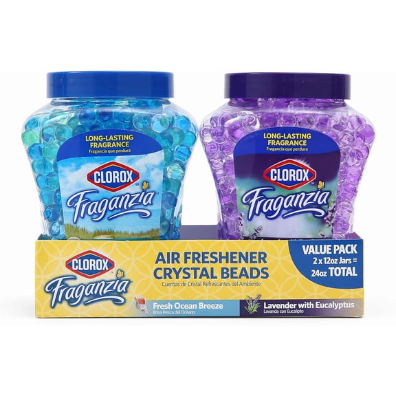 Fraganzia Air Freshener Crystal Beads Double Pack, Fresh Ocean Breeze & Lavender w/Eucalyptus Scents - Long-Lasting Odor Eliminator Gel Beads to Freshen Home, Car, or Office, 12 Fl Oz Jars