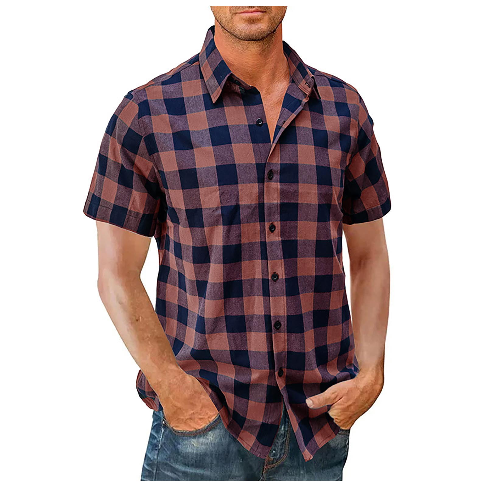 Fragarn Men's Short Sleeve Plaid Dress Shirt Classic Fit WrinkleFree