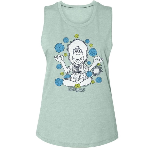 Fraggle Rock Mokey And Flowers Stonewash Green Women's Muscle Tank Top T-Shirt