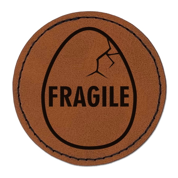 Fragile Cracked Chicken Egg 2.5" Faux Leather Round Engraved Iron-On Patch - Brown