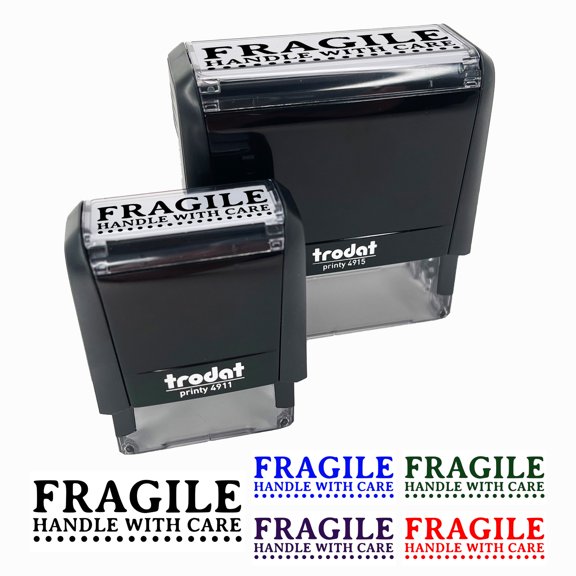 Fragile Handle With Care Dotted Line Label Box Self-Inking Rubber Stamp Ink Stamper for Business Office - Sky Blue Ink - Small 1-1/2 Inch