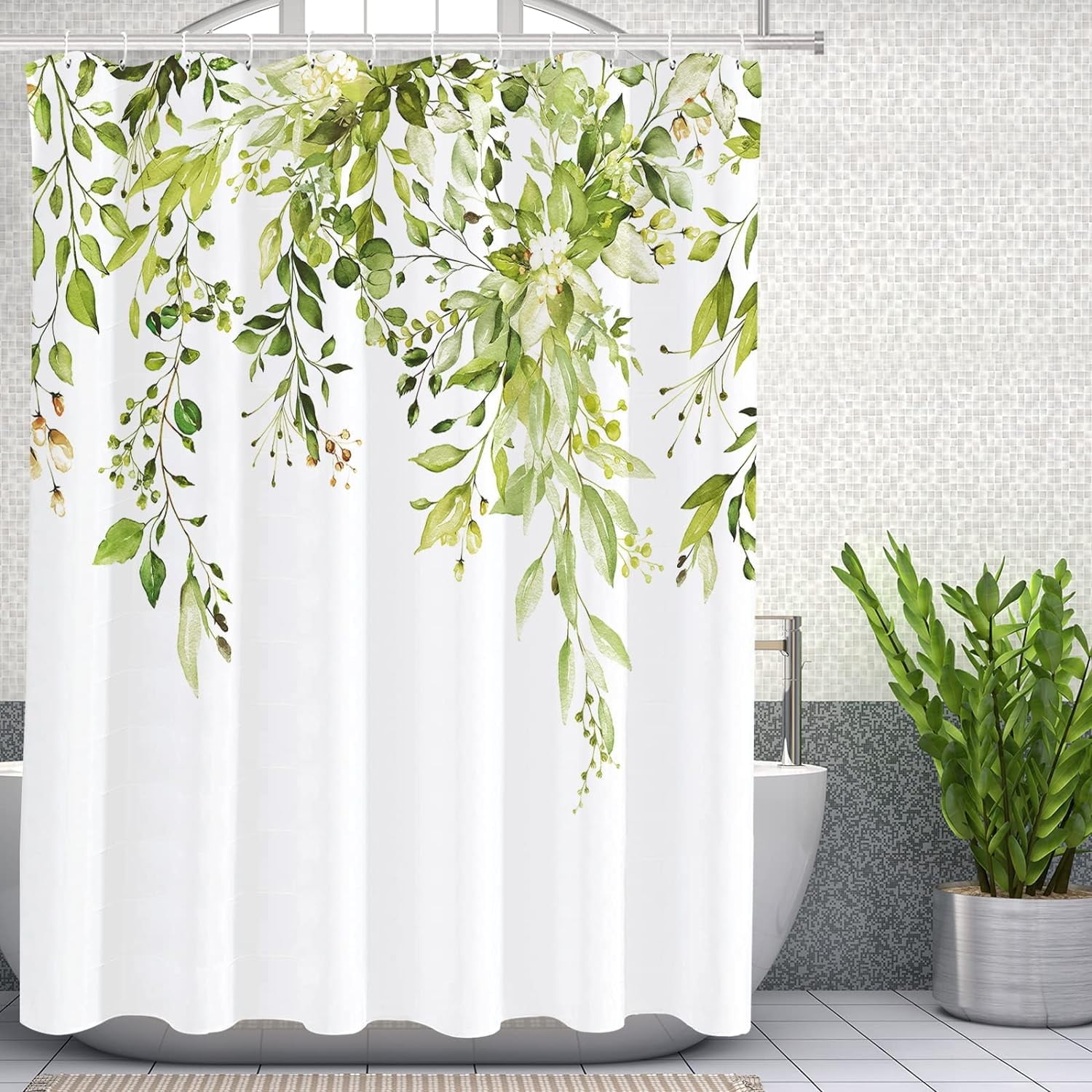 Fragile Sprout Grass Green Eucalyptus Shower Curtain Sets, Watercolor Leaves on The Top Plant with Floral Bathroom Decoration 72x72 Inch with Hooks