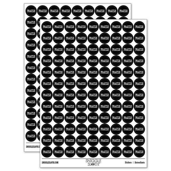 Fragile Text 200+ Round Stickers - Black - Matte Finish - 0.50" Size