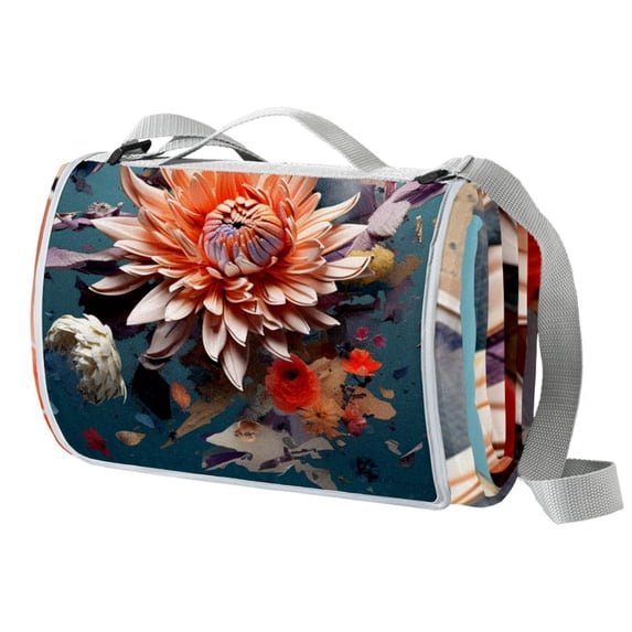 Fragmented Flowers Canvas Outdoor Picnic Blanket Waterproof Portable Mat with Carry Strap