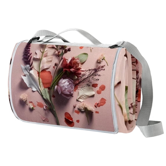 Fragmented Flowers Canvas Picnic Mat - Waterproof Outdoor Blanket for Picnics, Beach, Camping - Large Size, Portable and Durable Mat with Carry Strap and Corner Pockets for Stakes