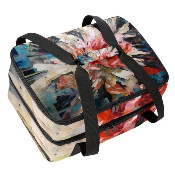 Fragmented Flowers Double Layered Insulated Refrigerated Large Capacity Handheld Lunch Bag with Two Compartments - 7.1x11.4x16.1 Inches