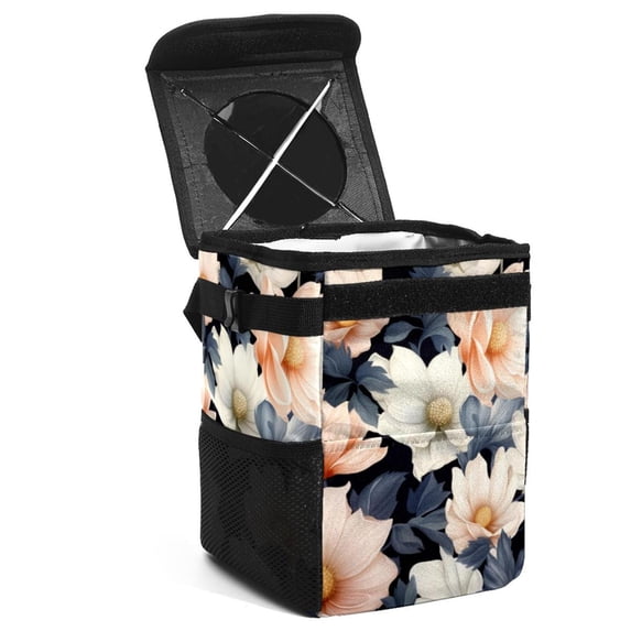 Fragmented Flowers Mini Trash Can for Car: Foldable, with Lid, Leak-Proof, Hanging Storage Bag - Car Garbage Can