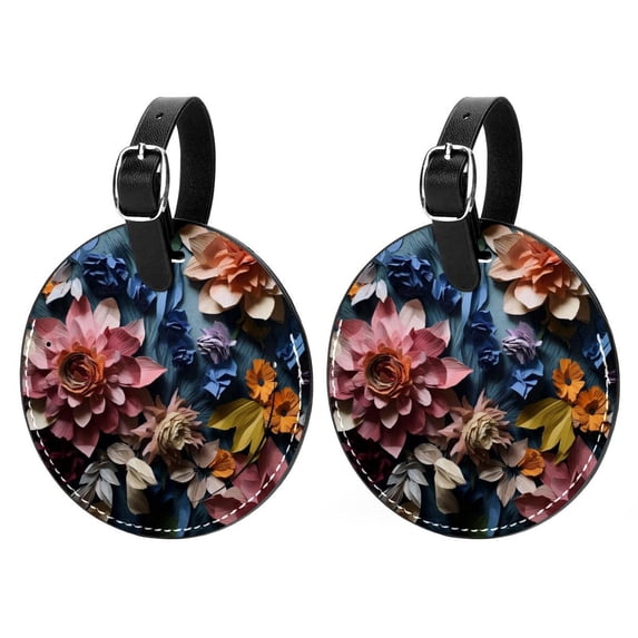 Fragmented Flowers Set of 2pcs PU Leather Round Suitcase Tags with Privacy Cover and Name ID Tag - Ideal for Travel Luggage, Handbags, Backpacks, School Bags