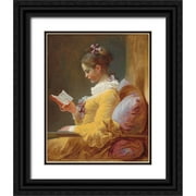 Fragonard, Jean-Honore 12x14 Black Ornate Wood Framed with Double Matting Museum Art Print Titled - A Young Girl Reading