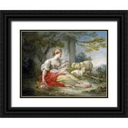 Fragonard, Jean Honore 14x12 Black Ornate Wood Framed with Double Matting Museum Art Print Titled - Shepherdess Seated with Sheep and a Basket of Flowers Near a Ruin in a Wooded Landscape
