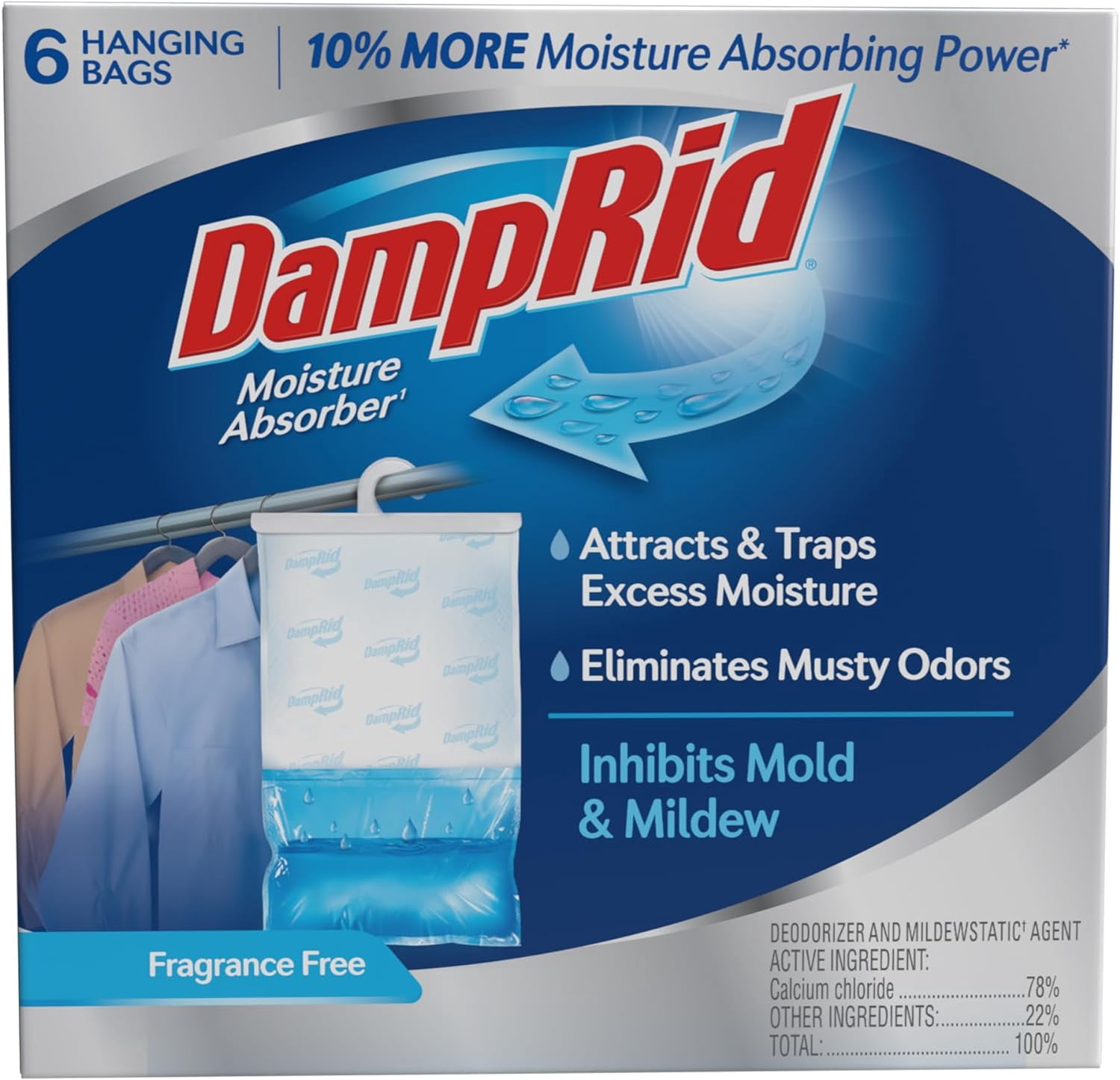 Fragrance Free Hanging Moisture Absorber, 15.4 oz., 6 Pack - Eliminates Musty Odors for Fresher Air, Ideal Absorbers Closet, 10% More Absorbing Power*