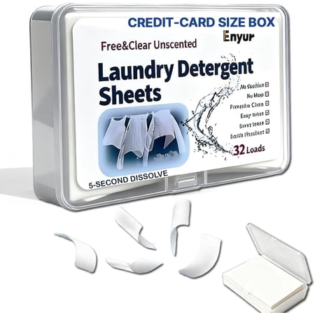 Fragrance-Free Laundry Sheets (32 Loads) - Ultra-Concentrated Travel Detergent in Compact Storage Box, 5-Second Dissolve, 2X Stain Removal, HE-Safe, TSA Approved Detergent Sheets