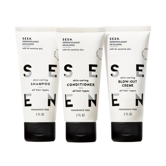 SEEN Travel Trio, Fragrance Free - Non-Comedogenic Blow-Out Hair Cream, Shampoo & Conditioner Set-Dermatologist-Developed-Reduces Frizz-Heat Protectant-Safe for Sensitive & Acne-Prone Skin 3-2 fl oz