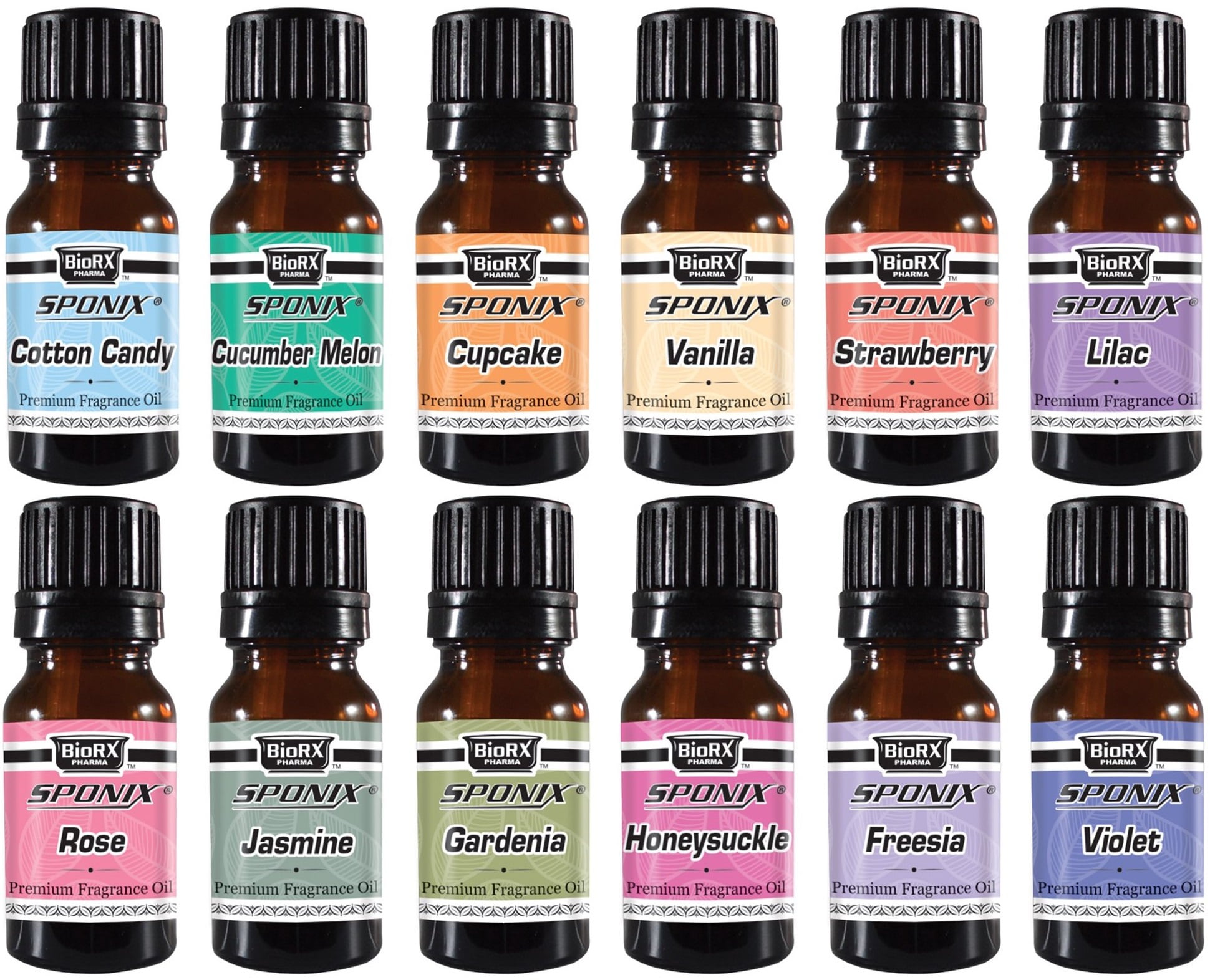 Fragrance Oil (10 mL x 12) Strawberry Cotton Candy Cucumber Melon Freesia Frosted Cupcake Gardenia Honeysuckle Jasmine Lilac Rose Vanilla Violet Gift Set of 12 Premium Grade Perfume Oil by Sponix