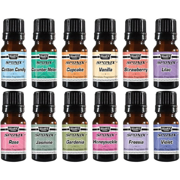 Fragrance Oil (10 mL x 12) Strawberry Cotton Candy Cucumber Melon Freesia Frosted Cupcake Gardenia Honeysuckle Jasmine Lilac Rose Vanilla Violet Gift Set of 12 Premium Grade Perfume Oil by Sponix