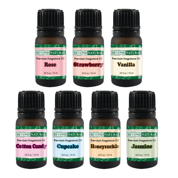 Fragrance Oil ( 7 x 10 ml ) Aromatic Scented Perfume Oil Gift Set of 7 - Cotton Candy, Frosted Cupcake, Honeysuckle, Jasmine, Rose, Vanilla & Strawberry by Beyond Natural Made In USA