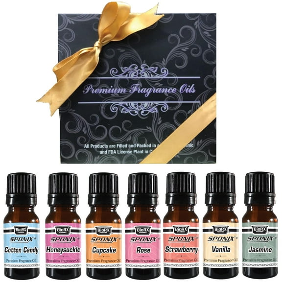 Fragrance Oil (7 x 10 ml) Vanilla, Cotton Candy, Frosted Cupcake, Honeysuckle, Jasmine, Rose, Strawberry, Gift Set of 7 Aromatic Premium Grade Scented Perfume Oil by Sponix Made In USA