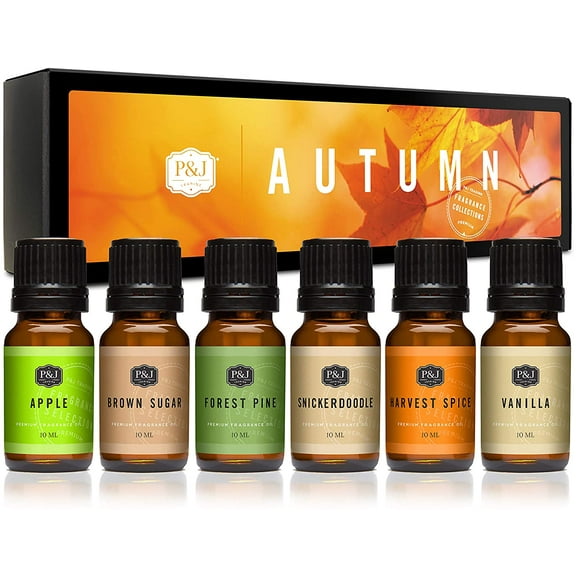 P&J Fragrance Oil Autumn Set | Brown Sugar Apple Harvest Spice Vanilla Forest Pine and Snickerdoodle Candle Scents for Candle Making Freshie Soap Making Supplies Diffuser Oil Scents