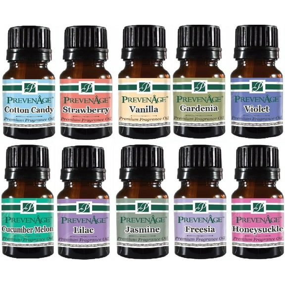Fragrance Oil Gift Set of 10 Aromatic Scented Oil 10 mL each - Cotton Candy Strawberry Vanilla Gardenia Lilac Jasmine Cucumber Melon Violet Freesia Honeysuckle 10 ml / 0.33 oz Each by PrevenAge